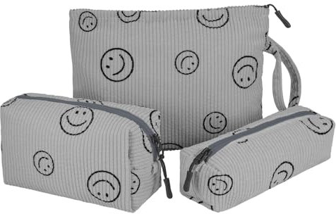 Huiguli 3 Stück Kosmetiktasche, Grau Kordsamt Niedlich Lächeln Gesicht Kosmetiktasche, Verbessertes Segeltuchmaterial Innen Make Up Tasche Tragbare, für Reisen Kinder Mädchen Damen (Grau)