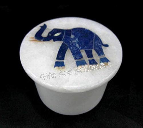 Runde Schmuckschatulle mit Lapislazuli-Steineineinlage, 6,3 cm, weißer Marmor, Geschenkbox aus Antique Art and Crafts Gallery