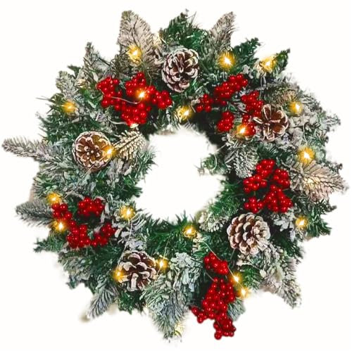 Christmas Wreath for Front Door, 45cm/18inch Artificial Christmas Garland with 50 LED Lights, Xmas Wreath Door Outdoor Indoor Window Wall Christmas Decorations