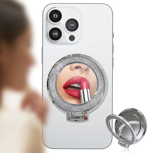 Phone Ring Holder Sliver, Diamond Bling Mirror Cell Phone Grip Stand, Supports Magnetic Charging, Adjustable Angles, Always Keep Your Beauty on Point (Sliver)