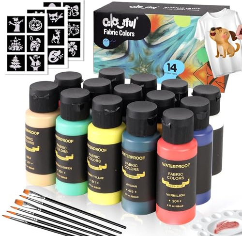 Colorful Fabric Paint Set,14 Colors 2 Fl Oz Paint for Clothes | Permanent fabric paint , soft, washable, non-toxic s’ paint, acrylic textile paint for shirts, totes, shoes & crafts.