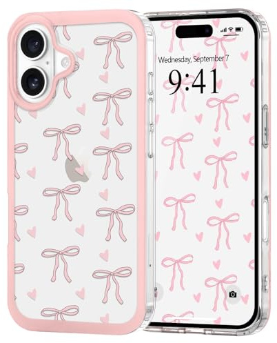 Urarssa for iPhone 16 Clear Case, Cute Bowknot Pattern, Solid Heart | Aesthetic Bow Design Phone Case for Women Girls, Slim Soft TPU Bumper Shockproof Protective Cover