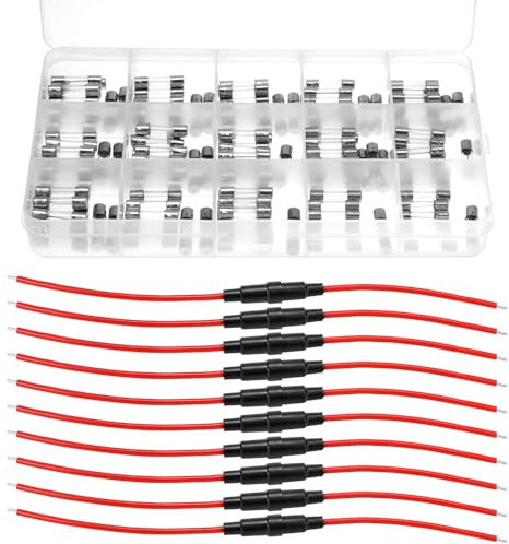 QWORK® 150 Stück 5x20 mm 0.1-20A Glasrohrsicherung Kit,10 Stück Inline-Schraube Typ 5x20mm 16 AWG Sicherungshalter
