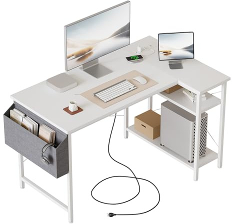 Mericonia Reversible Corner Desk, w. Power Outlets, 100x70cm, White | Reversible Design, L-shaped desk with Bag, Height-adjustable Shelf, Gaming computer desk for home & office