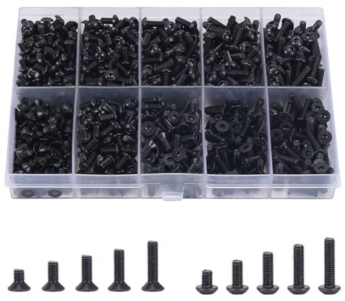 Luabue 720 Piezas Juego de Tornillos M3 Tornillos de Cabeza Plana Socket Allen Tornillos Hexagonales M3 de Acero de Aleación Tornillos m3 Allen Negro para Máquina de Impresora 3D