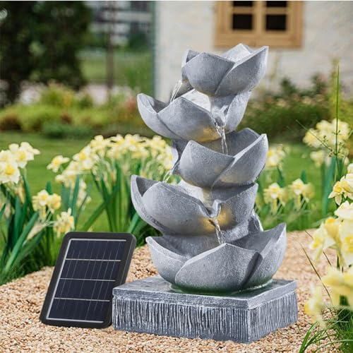 Warmiehomy Solar Springbrunnen Zimmerbrunnen Wasserfall mit LED-Licht, Solarbrunnen für Draussen, Solar Gartenbrunnen für Außen, Wasserspiel für Garten Balkon