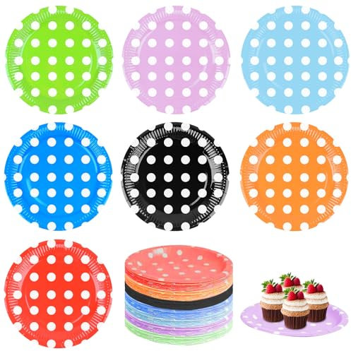 PRITOK Piatti di carta colorati biodegradabili per feste, 140 pezzi, versatili, piatti di carta rotondi con pois bianchi + 7 colori per compleanno, matrimonio e barbecue