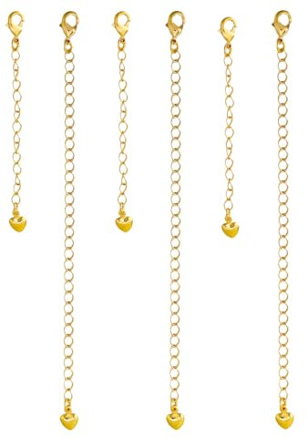 lasuroa 6Pcs Heart-Shaped Necklace Extenders for Women, 3 Long & 3 Short Gold Chain Extenders Adjustable Extensions for Necklaces, Bracelets & Anklets