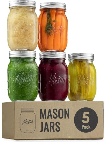 Mason Jars 16 oz – Confezione da 5 bicchieri con coperchio & Seal Bands – ermetici per decapaggio, conserve, candele, decorazioni per la casa, Overnight Oats, conserve di frutta, marmellata o gelatina