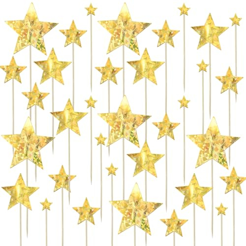 70PCS Gold Star Cupcake Toppers,Glitter Little Star Cake Topper,Mixed Size Cake Decorations for Birthday Wedding Engagement Bridal Shower Party Supplies