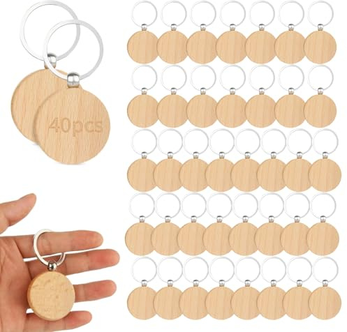 Lot de 40 porte-clés ronds en bois vierge - Personnalisables - À peindre
