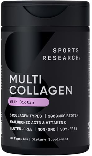 Sports Research® Biotin-Infused Collagen Peptides Complex with Hyaluronic Acid – 5 Multi Collagen Types for Hair, Skin & Joint Support* - Gluten Free · Non-GMO · 90 Capsules