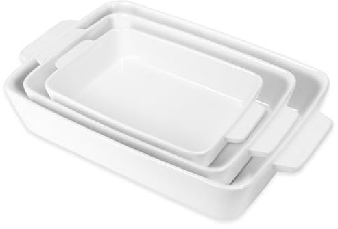 3 Pack White Ceramic Oven Dishes, Rectangular Baking Casserole Set