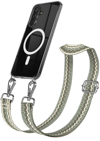 EAZY CASE Handykette - Verstellbares Taschenband kompatibel mit Galaxy A37, Schulterriemen, Handykordel mit Silikon Hülle, Qi Charging kompatibel, Umhängetasche, Grün Beige Silber