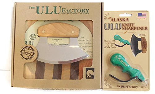 Alaska Ulu Messer- und Hackschüssel-Set mit Ulu Messerschärfer, dieses Ulu Messer kann als Mezzaluna Zerkleinererer, Bolo Rollmesser und gehacktes Salatwerkzeug verwendet werden.