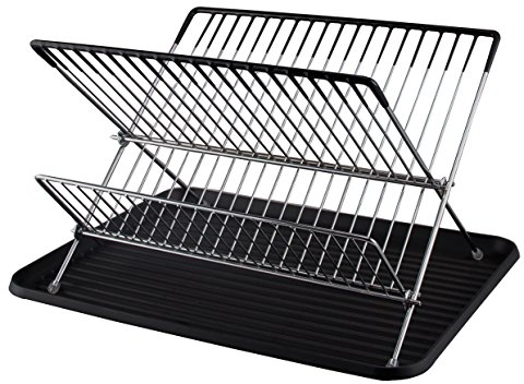Buckingham Folding 2 Tier Drainer Dish Drying Rack with Board/Tray, Metal, Chrome, 42 x 32 x 25 cm