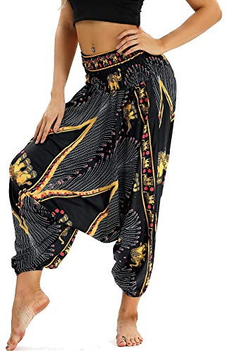 Nuofengkudu Damen Thai Hippie Pumphose Haremshose Aladinhose Gemustert Niedriger Schritt Leicht Luftig Sommerhose Schwarz Gelb Elefant
