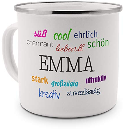 printplanet Emaille-Tasse mit Namen Emma - Metallbecher mit Design Positive Eigenschaften - Nostalgie-Becher, Camping-Tasse, Blechtasse, Farbe Silber