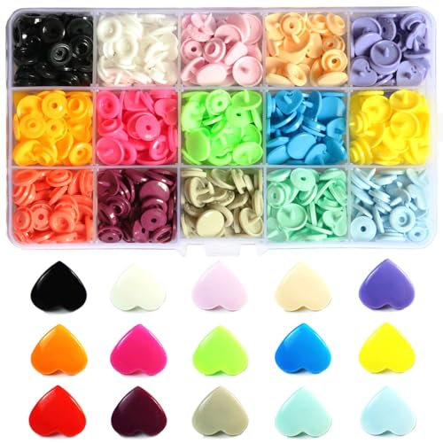 Basicon Druckknopf-Set, 150 Sets Kam Snaps, Liebesform, Kunststoff, Druckknöpfe, für alle Arten von Kleidung, DIY (15 Farben)
