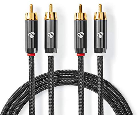 Nedis 5m Profigold RCA Cable, 2x RCA to 2x Phono Male, Gold Plated, Nylon Braided, Stereo Audio Cable for Home Cinema, Hi-Fi, DJ - Grey