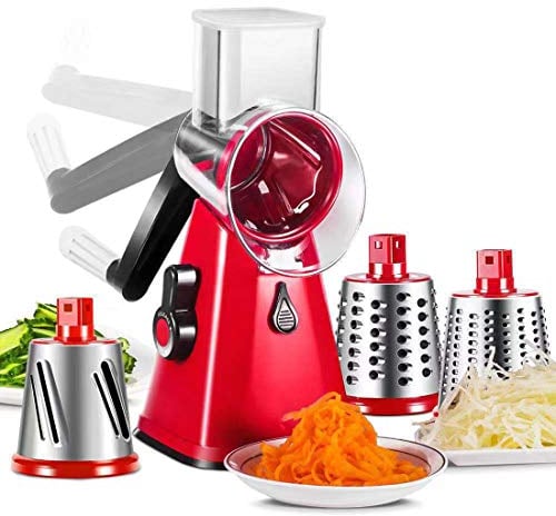 KUANDARg Safety Vegetable Mandoline Slicer, 3 in 1 Cheese Grater Veggie Chopper Rotary Drum Grater with 3 Stainless Steel Drums Cheese Cutter Multifunction, Red