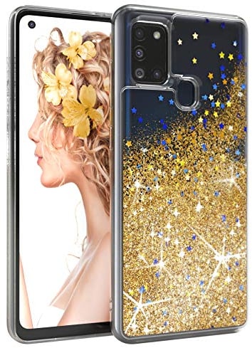 EAZY CASE Hülle kompatibel mit Samsung Galaxy A21s Schutzhülle mit Flüssig-Glitzer, Handyhülle, Schutzhülle, Back Cover mit Glitter Flüssigkeit, TPU/Silikon, Transparent/Durchsichtig, Gold