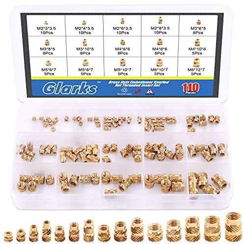 Glarks 110Pcs M2 M3 M4 M5 Female Thread Knurled Nuts Brass Threaded Insert Embedment Nuts Assortment Kit for 3D Printer