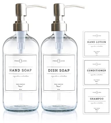 Klarglas Seifenspender 2 Pack, Dicke 16 oz Flaschen Rostfrei Edelstahl Pumpe, Modern Farmhouse Vintage Jar Badezimmer Küche Zubehör mit wasserdichte Etiketten (Silber)…