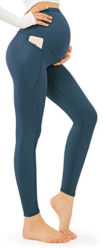 JOYSPELS Leggings de Maternidad de sensación Suave sobre el Vientre con Bolsillos, Leggings de Entrenamiento para Embarazo, Azul Teal, Large