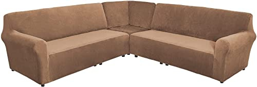 FASCINATDECO Sofabezug L-förmige Couchbezüge Ecksofabezug 3-teilige Dicker Plüsch Samt Schonbezug für Schnittsofa Haustier Kindermöbelschutz mit Elastischen Unterseite (Kamel,L-Form 7-Sitzer)