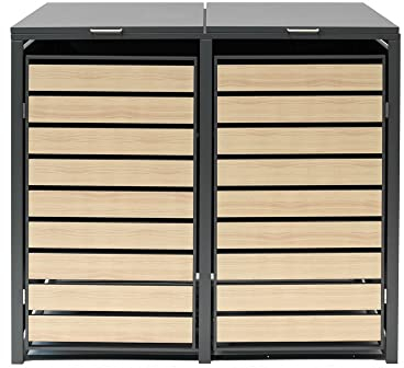 Westmann Mülltonnenbox Lacina für 2X 240L Mülltonnen | 84x134x125 cm Grau & Holzoptik | Metall Mülltonnenverkleidung inklusive Holzelementen