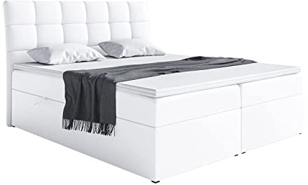 MEBLINI Boxspringbett mit Bettkasten - Gepolstert Doppelbett mit Matratze und Topper - Polsterbett mit Stauraum - Bett mit Kopfteil - Stauraumbett - Drago - 160x200 - H4/Weiß Kunstleder