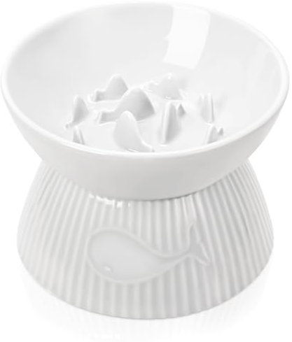 Kopmath Raised Cat Slow Feeder, Ceramic Slow Feeder Cat Bowl, Upgraded Ridges to Prevent Vomiting and Indigestion, No Spill High Edge for Dry/Wet Food, Heavy and Stable, Easy to Clean Pet Bowls