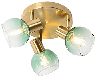 Qazqa - Art Deco Art Deco Deckenlampe Gold I Messing mit grünem Glas 3-flammig Spotbalken Lichter - Vidro I Wohnzimmer I Schlafzimmer - Stahl Rund - LED geeignet E14