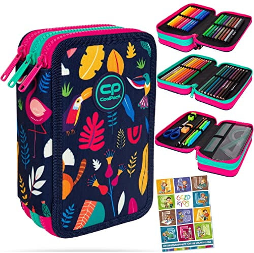 Goldkids Federtasche 3-fache Federmappe Lady Color Federmäppchen 46-teilig gefüllte Schüleretui Stifte und Pinsel inkl. Aufgabenheft Federbox Etui Stiftetasche Schlamper-Etui Schul-Etui