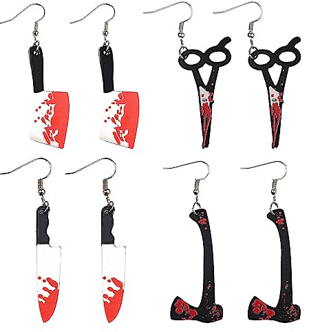 HIXNUG 4 Pairs Halloween Earrings Bloody Knife Dangle Earrings Thriller Knife Drop Earrings Horror Earrings Gothic Gifts