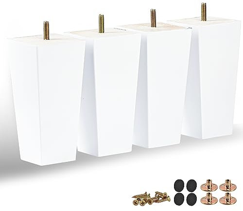TCHOSUZ Patas de madera para muebles de 10 cm, juego de 4 patas de sofá de pirámide blanca de madera maciza, patas de sofá con perno para colgar y tornillos, patas de repuesto para muebles modernos de