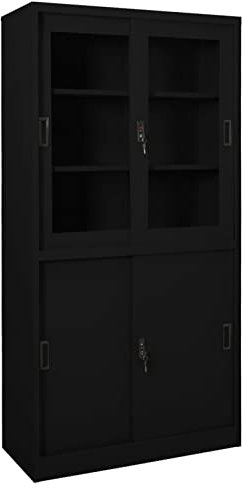 JUNZAI Armoire de Bureau avec Porte coulissante Noir 90x40x180cm Acier,Armoire Metal,Meuble Garage,Armoire Rangement