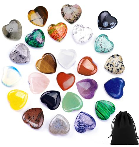 Lot de 25 pierres en cristal en forme de cœur avec 1 sac de rangement en flanelle, cristaux d'énergie naturels, cristaux de chakra du cœur, pierres de poche