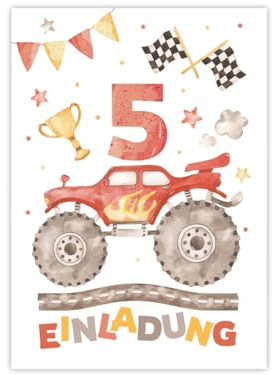 12 Einladungskarten zum 5. Kindergeburtstag Jungen Monster-Truck Auto Einladungen zum fünften Geburtstag Kinder bunte Geburtstagseinladungen
