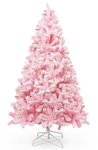 210 cm/7 ft Árbol de Navidad Rosa con Decoración Flocada con Copos de Nieve, 1200 Hojas de Pino Puntiagudas de PVC y Base Estable, Árbol de Navidad Artificial para Decoración Navideña
