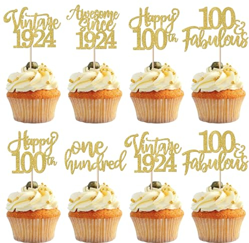 30 Stück Vintage 1925 Tortendeko Glitzer Happy 100th One Hundred Awesome Since 1925 Cupcake Toppers 100 Fabulous Kuchen Deko für 100th Geburtstag Hochzeit Jahrestag Party Supplies Gold