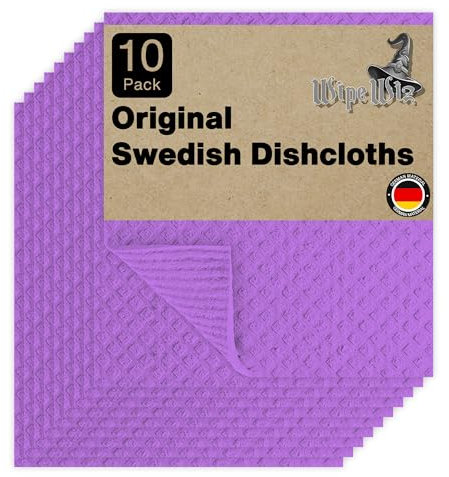 WipeWiz - Swedish DishCloths - 10 Pack (Purple), (German Material) Reusable Cellulose Sponge Cloth for Kitchen - Household, Highly Absorbent, No-Odor Dishcloth