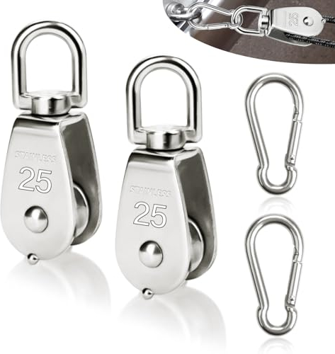 SWTYExt 4 Stück Flaschenzug Set Enthalten 2 Stück Umlenkrolle M25 & 2 Stück Karabiner M6, Umlenkrollen für Seile Edelstahl Seilrolle Tragkraft 150Kg für Sonnensegel Fitness Seilwinde