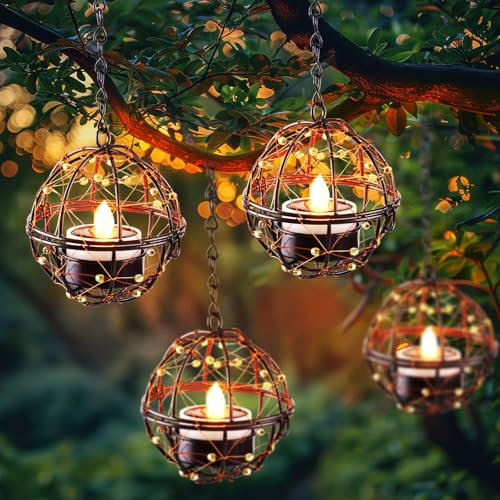 Solar Lights Outdoor Hanging Lanterns, Beaded Copper Wire Ball Candle Holder with Solar Tea Lights, Perfect for Home, Garden, Backyard, Pergola, Patio Umbrella, Tree, Window Decor-Set of 4
