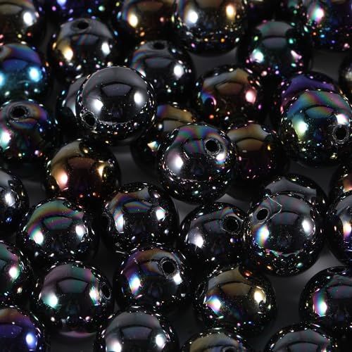 Acrylperlen zur Schmuckherstellung, Acrylperlen, schwarz, runde Perlen für selbstgemachte Armbänder, Halsketten, Schlüsselanhänger, Handykette, 120 Stück (AB-Schwarz, 16 mm)