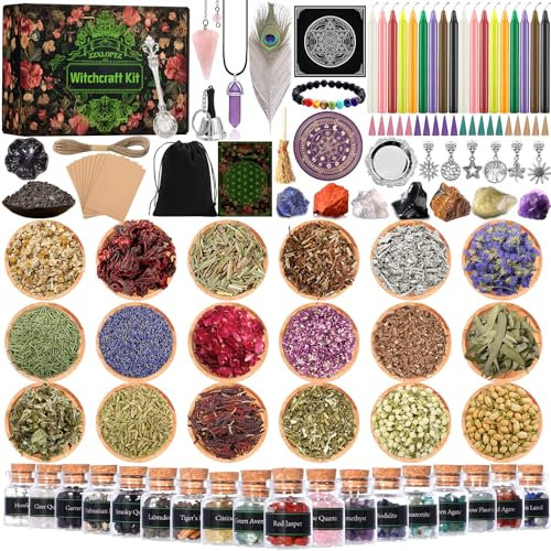 ZZXLOPEZ Witchcraft Starter Kit, Hexen Zubehör mit Kerzen, Trockenblumen, Amethyst Pendel, Kristalle, Holztafeln, Pergamentpapier, Getrommelte Edelstein-Kristallchips für Chimes,Magie,Hexerei,Rituale