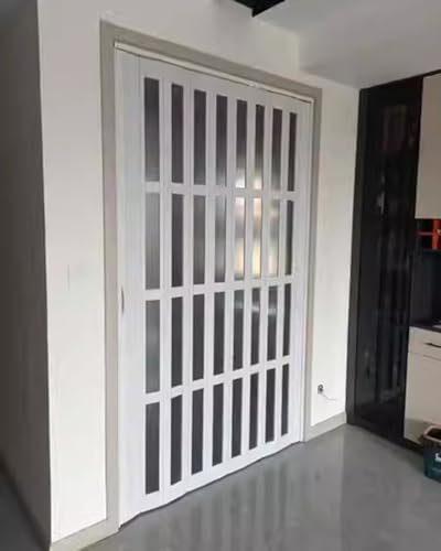 Concertina Door White Pleated Accordion Doors for Doorway/Closet, Folding Doors Internal with Transparent Panels, Bedroom Room Divider Roll up Screen Door(Size:80x80in(203.2x203.2cm))