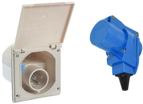 Schwabe Prise d'alimentation CEE pour Caravanes 230V / 16A Prise à 3 Broches avec Couvercle & Electraline 55086 Prise électrique Angulaire Filaire, Prise Industrielle Double 2 Prises IP44