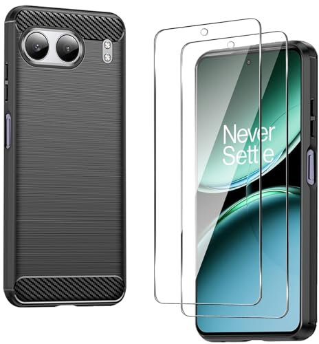 CONAPIKA Hülle für Oneplus Nord 4 mit 2 Stück Schutzfolie, Flexible Weichem TPU Stoßfeste Handyhülle Ultra Dünne Kohlefaser Design Anti-Rutsch Rückseite Schale Handy Schutzhülle,Schwarz